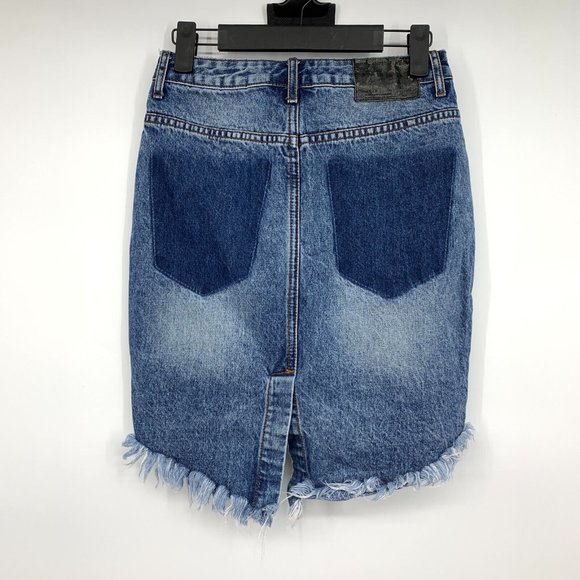 One Teaspoon Denim Skirt Blue Button Fly Pencil Fray High Waist - Picture 10 of 13